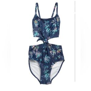 Melrose & Market Navy Denim Tropical Palms One Piece Swimsuit Size Medium NWT